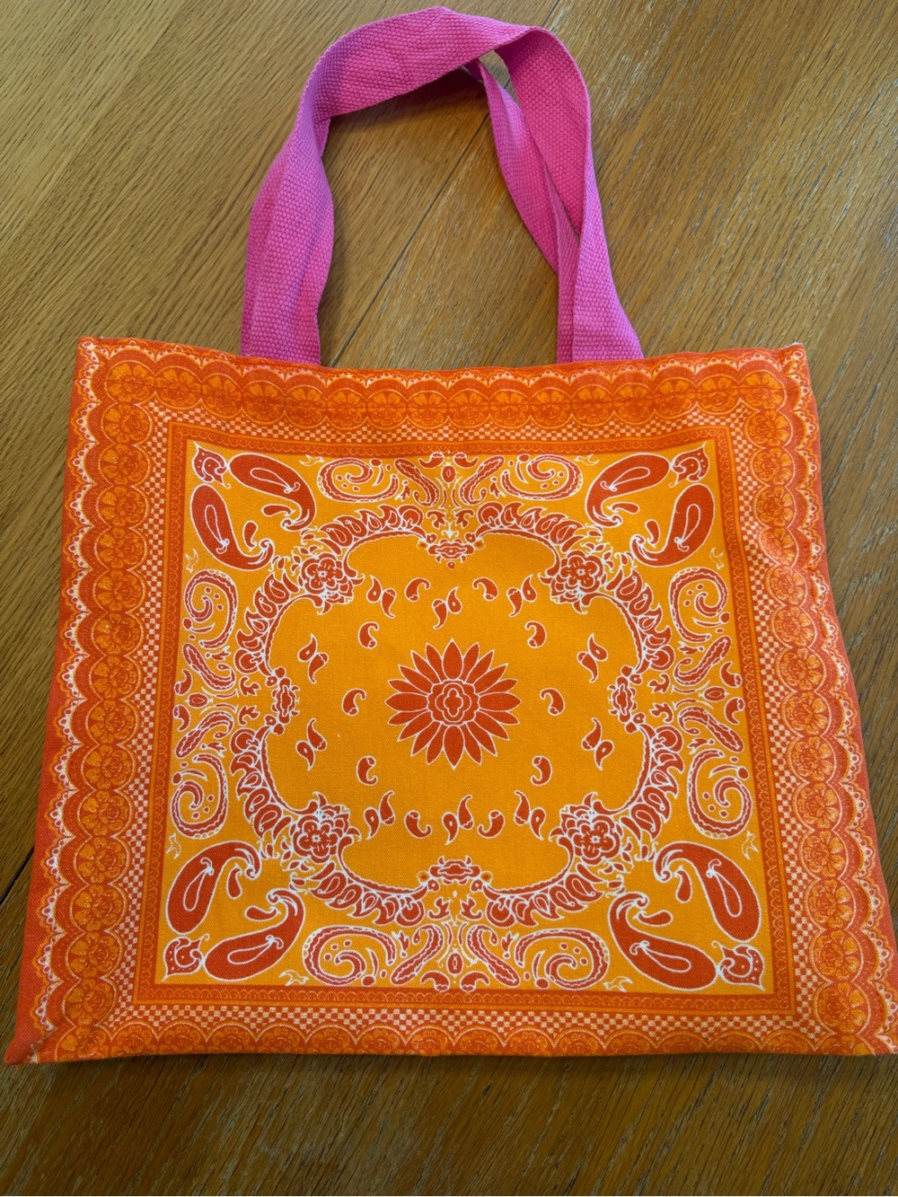 Orange Bandana-Print Tote with Pink Handles